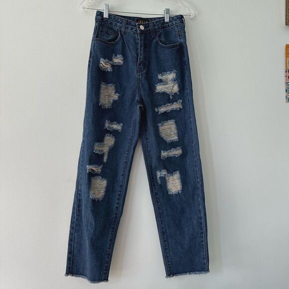 dELiA*s Denim - Dolls Kill Delia's Rainbow Distressed Straight Leg Blue Jeans Grunge size Small